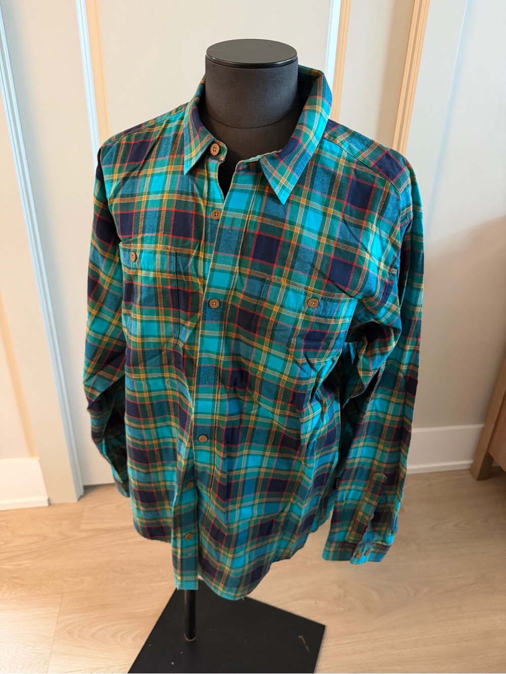 Patagonia Teal and Navy Plaid Button-Down Shirt